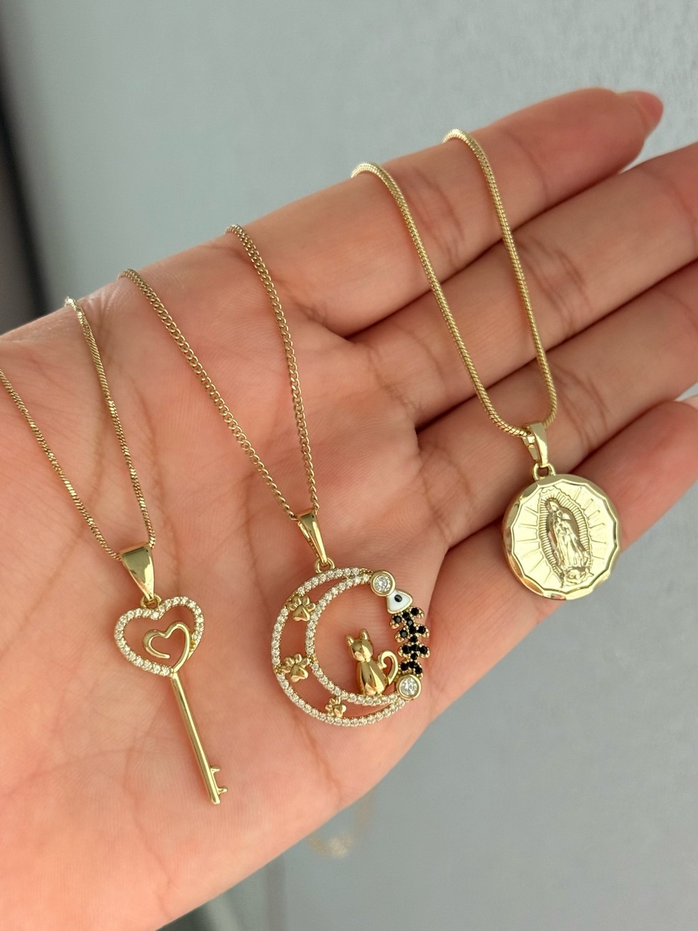Gold-Tone Heart Key, Crescent Cat & Religious Pendant Necklace Set